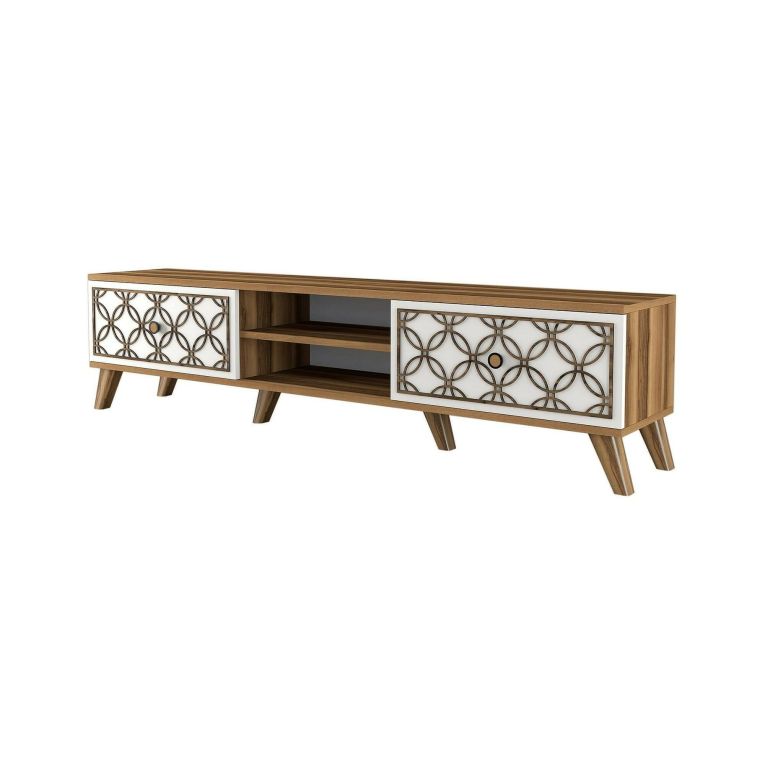 Mobile porta TV Skat, Supporto per televisione da salotto, Credenza bassa da soggiorno, Base porta TV, 180x35h44 cm, Noce e Bianco