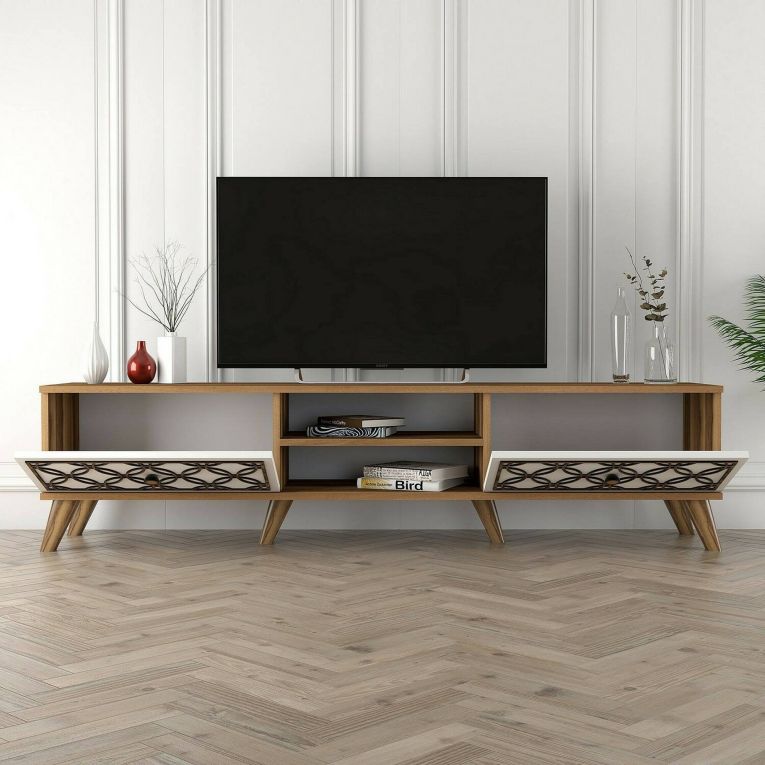 Mobile porta TV Skat, Supporto per televisione da salotto, Credenza bassa da soggiorno, Base porta TV, 180x35h44 cm, Noce e Bianco