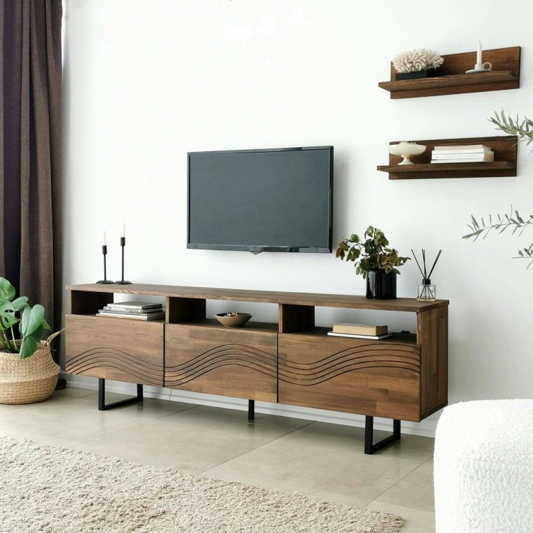 Mobile porta TV Solanis, Supporto per televisione da salotto, Credenza bassa da soggiorno, Base porta TV, 170x30h40 cm, Noce