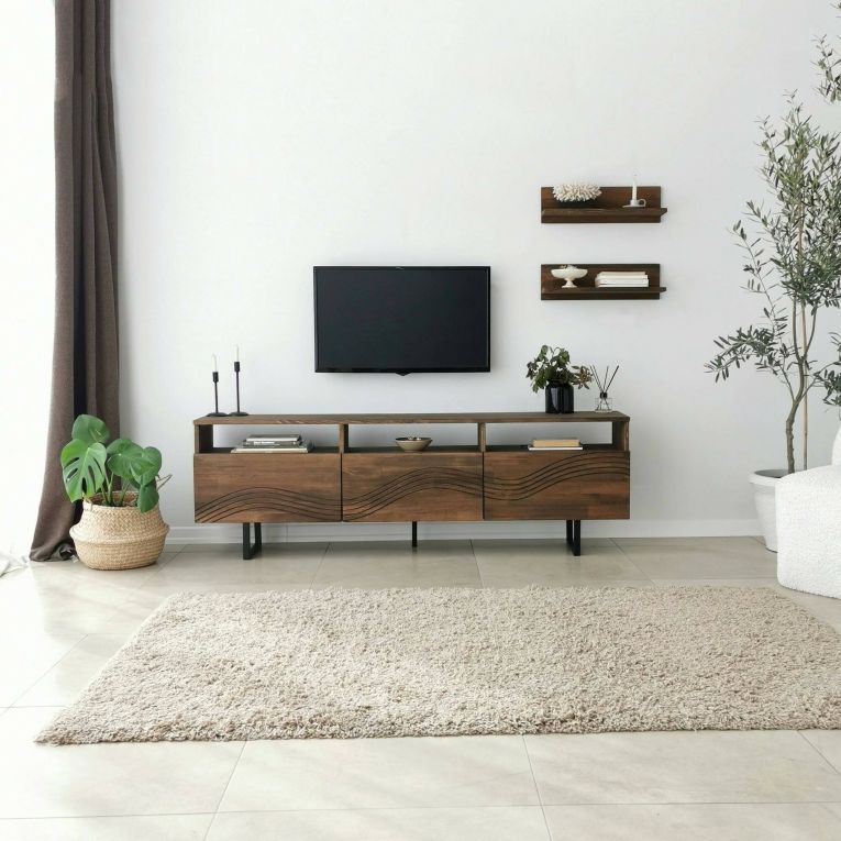 Mobile porta TV Solanis, Supporto per televisione da salotto, Credenza bassa da soggiorno, Base porta TV, 170x30h40 cm, Noce