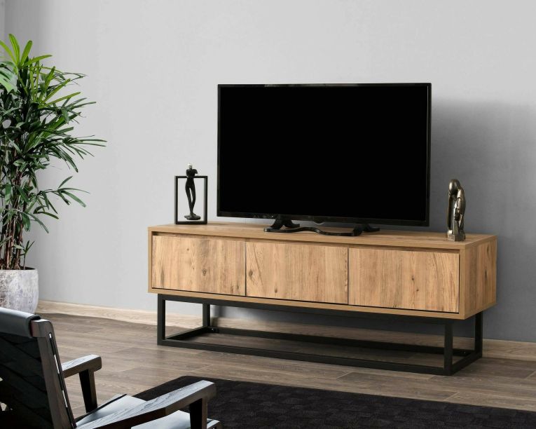 Mobile porta TV Suhail, Supporto per televisione da salotto, Credenza bassa da soggiorno, Base porta TV, Quercia e Nero, 140x40h50 cm