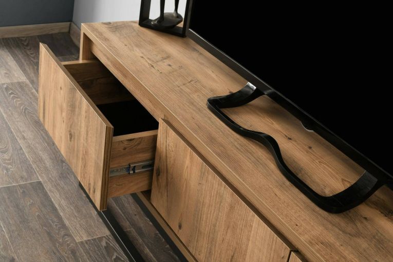 Mobile porta TV Suhail, Supporto per televisione da salotto, Credenza bassa da soggiorno, Base porta TV, Quercia e Nero, 140x40h50 cm
