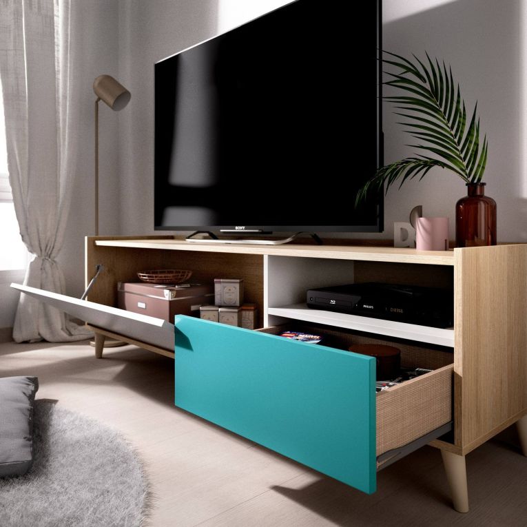 Mobile porta TV Tamaro, Credenza bassa da soggiorno, Madia da salotto per televisione, 155x43h47 cm, Rovere e Grigio