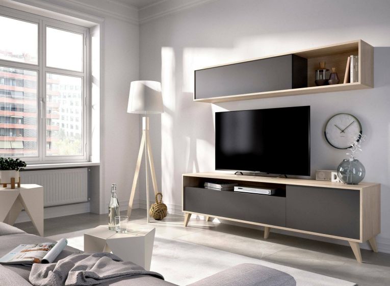 Mobile porta TV Tambo, Set da soggiorno porta TV, Mobile salotto multiuso, 180x41h180 cm, Antracite e Rovere Nodi