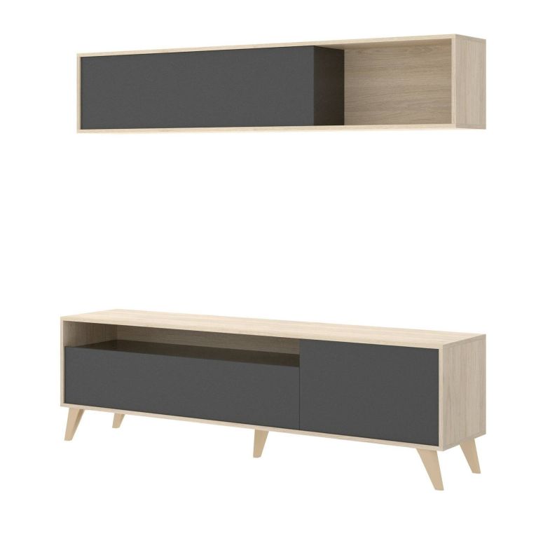 Mobile porta TV Tambo, Set da soggiorno porta TV, Mobile salotto multiuso, 180x41h180 cm, Antracite e Rovere Nodi