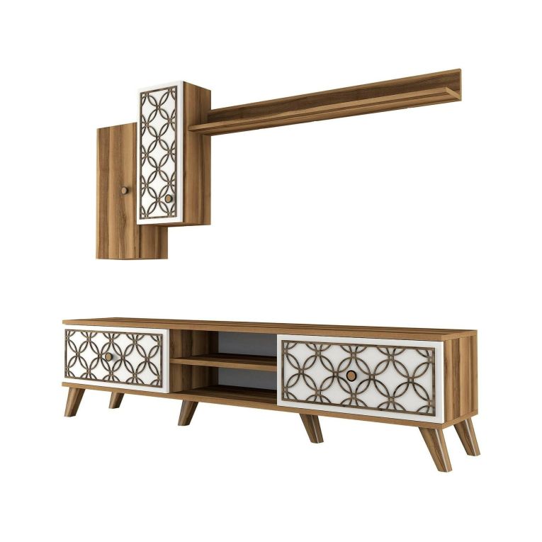 Mobile porta TV Tariq, Supporto per televisione da salotto, Credenza bassa da soggiorno, Base porta TV, 180x35h44 cm, Noce e Bianco