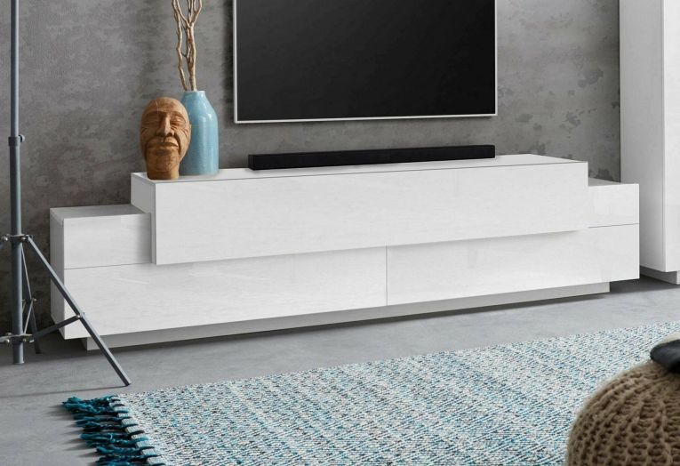 Mobile porta TV Teo, Credenza bassa da soggiorno, Base porta TV, 100% Made in Italy, cm 200x45h52, Bianco lucido