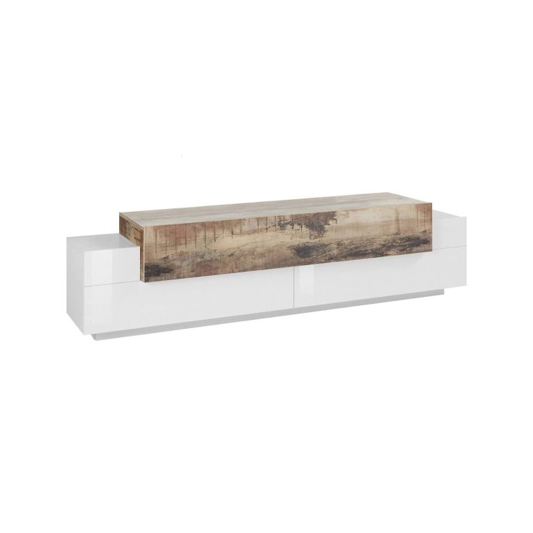 Mobile porta TV Teo, Credenza bassa da soggiorno, Base porta TV, 100% Made in Italy, cm 200x45h52, Bianco lucido e Acero