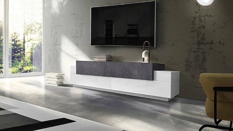 Mobile porta TV Teo, Credenza bassa da soggiorno, Base porta TV, 100% Made in Italy, cm 200x45h52, Bianco lucido e Ardesia