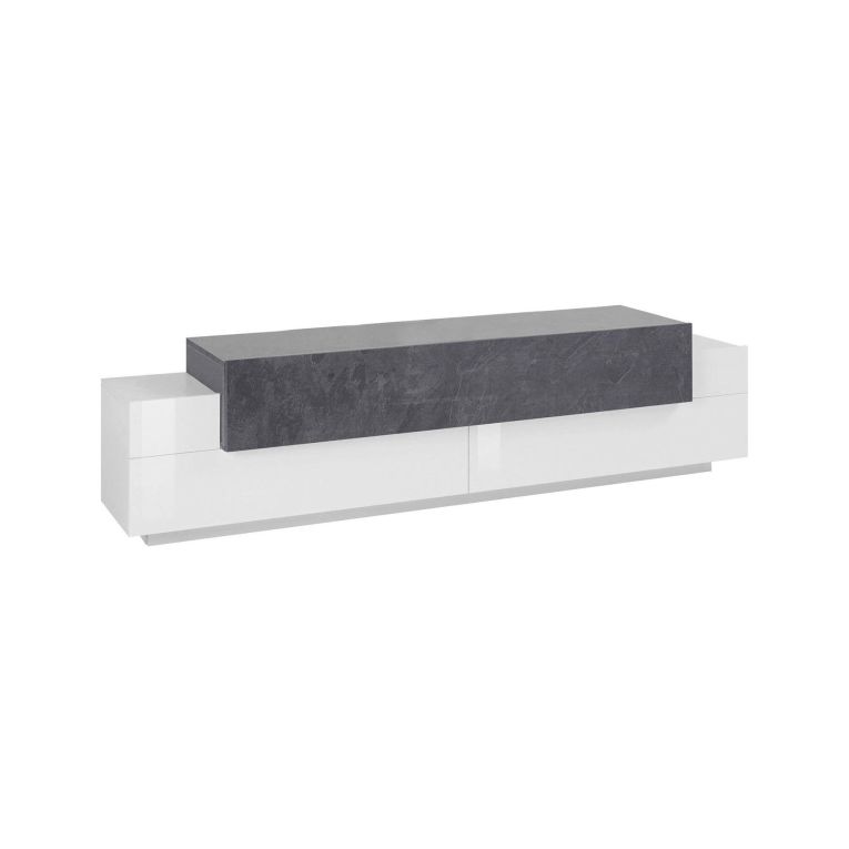 Mobile porta TV Teo, Credenza bassa da soggiorno, Base porta TV, 100% Made in Italy, cm 200x45h52, Bianco lucido e Ardesia