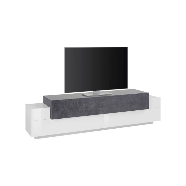 Mobile porta TV Teo, Credenza bassa da soggiorno, Base porta TV, 100% Made in Italy, cm 200x45h52, Bianco lucido e Ardesia