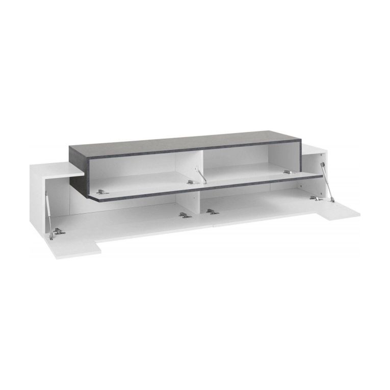 Mobile porta TV Teo, Credenza bassa da soggiorno, Base porta TV, 100% Made in Italy, cm 200x45h52, Bianco lucido e Ardesia