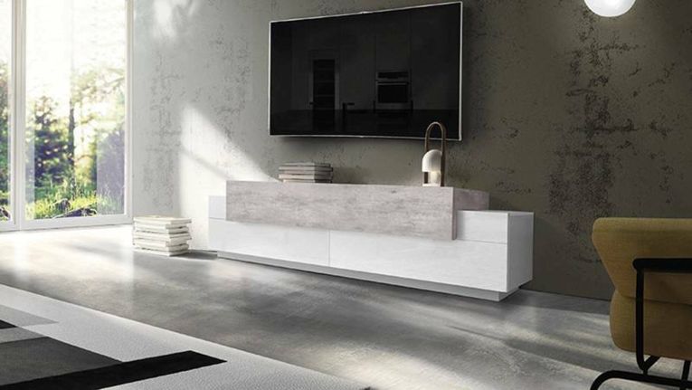 Mobile porta TV Teo, Credenza bassa da soggiorno, Base porta TV, 100% Made in Italy, cm 200x45h52, Bianco lucido e Cemento