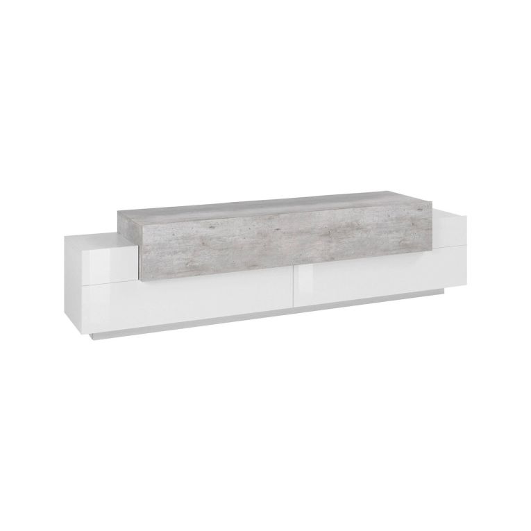 Mobile porta TV Teo, Credenza bassa da soggiorno, Base porta TV, 100% Made in Italy, cm 200x45h52, Bianco lucido e Cemento