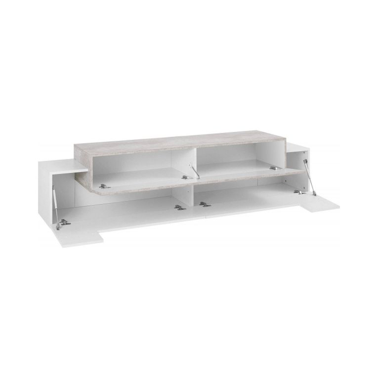 Mobile porta TV Teo, Credenza bassa da soggiorno, Base porta TV, 100% Made in Italy, cm 200x45h52, Bianco lucido e Cemento