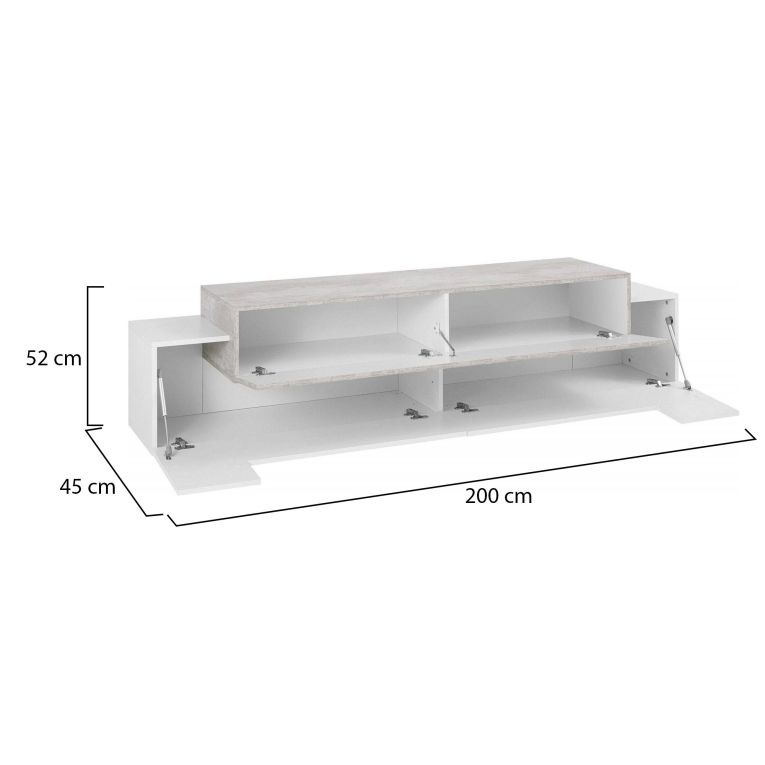 Mobile porta TV Teo, Credenza bassa da soggiorno, Base porta TV, 100% Made in Italy, cm 200x45h52, Bianco lucido e Cemento