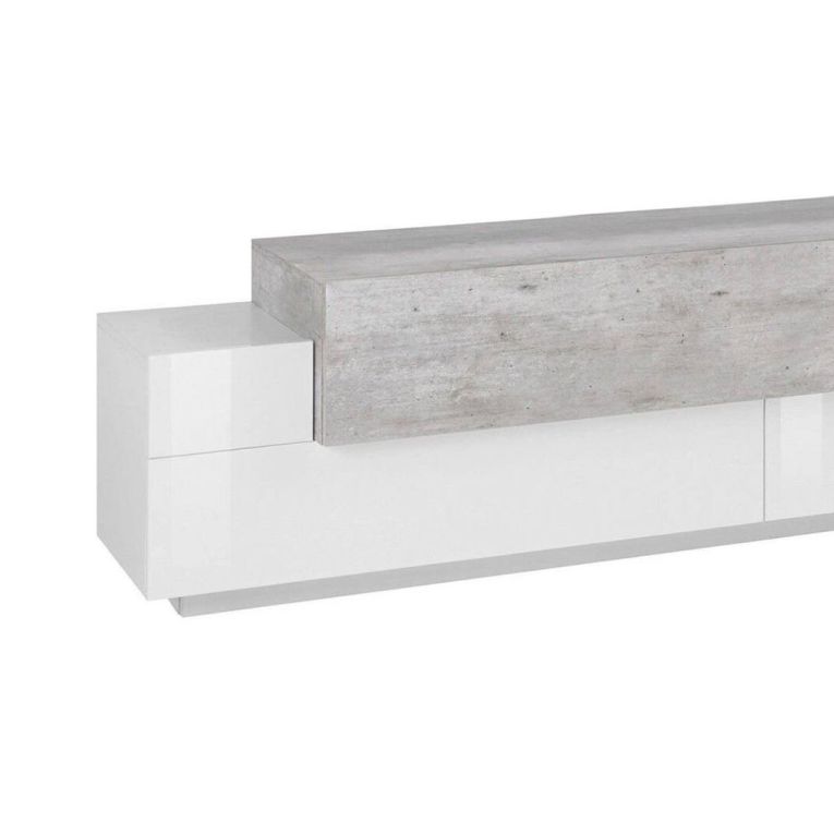 Mobile porta TV Teo, Credenza bassa da soggiorno, Base porta TV, 100% Made in Italy, cm 200x45h52, Bianco lucido e Cemento