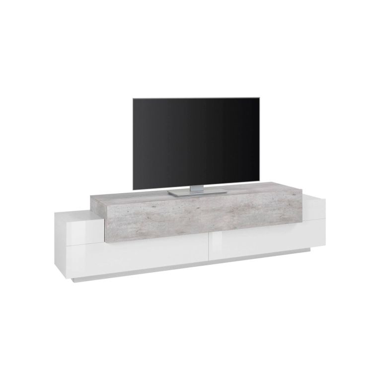Mobile porta TV Teo, Credenza bassa da soggiorno, Base porta TV, 100% Made in Italy, cm 200x45h52, Bianco lucido e Cemento
