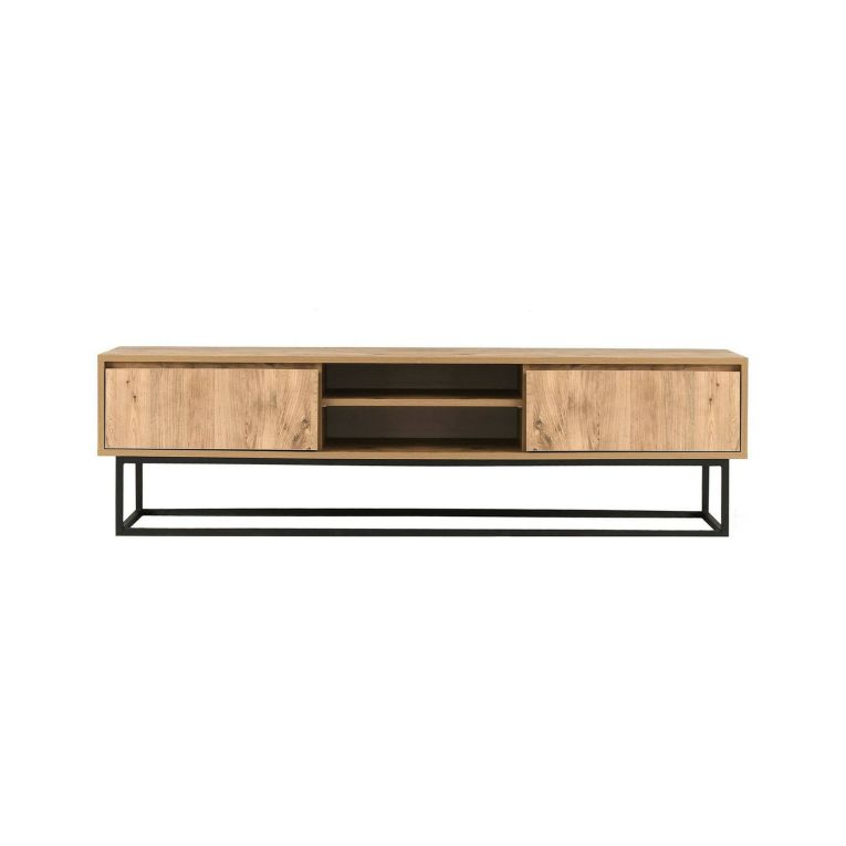 Mobile porta TV Themis, Supporto per televisione da salotto, Credenza bassa da soggiorno, Base porta TV, Nero e Quercia, 140x40h50 cm