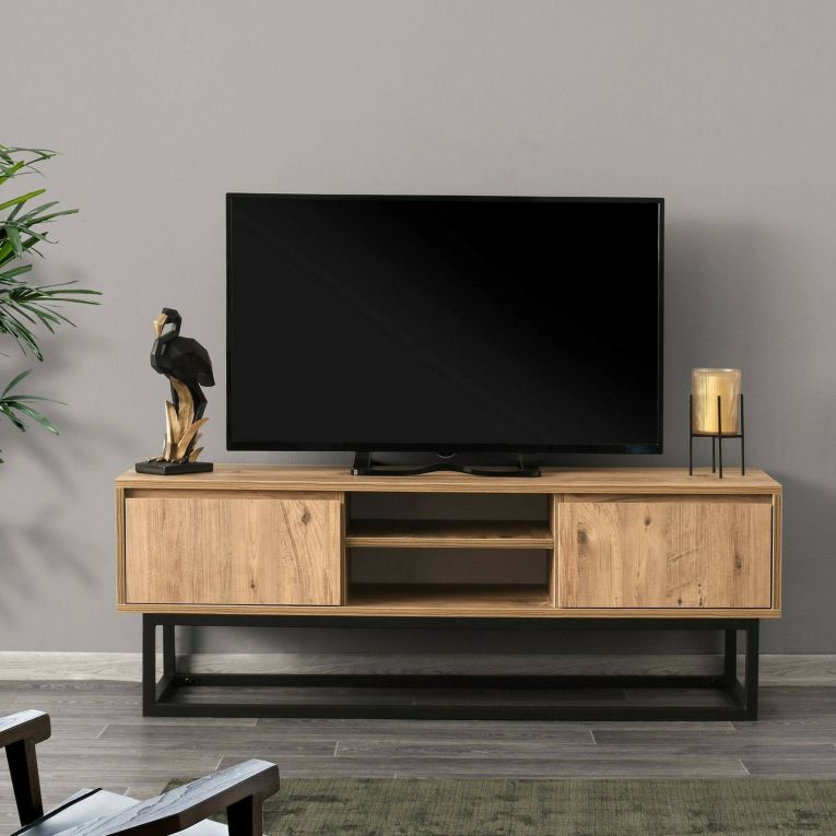 Mobile porta TV Themis, Supporto per televisione da salotto, Credenza bassa da soggiorno, Base porta TV, Nero e Quercia, 140x40h50 cm