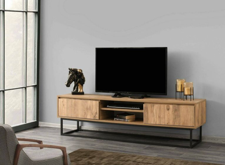 Mobile porta TV Themis, Supporto per televisione da salotto, Credenza bassa da soggiorno, Base porta TV, Nero e Quercia, 180x40h50 cm