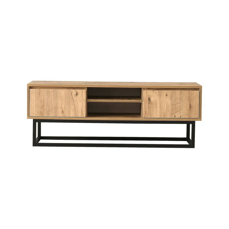 Mobile porta TV Themis, Supporto per televisione da salotto, Credenza bassa da soggiorno, Base porta TV, Nero e Quercia, 180x40h50 cm