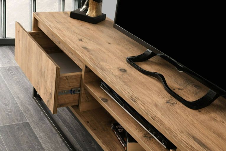 Mobile porta TV Themis, Supporto per televisione da salotto, Credenza bassa da soggiorno, Base porta TV, Nero e Quercia, 180x40h50 cm