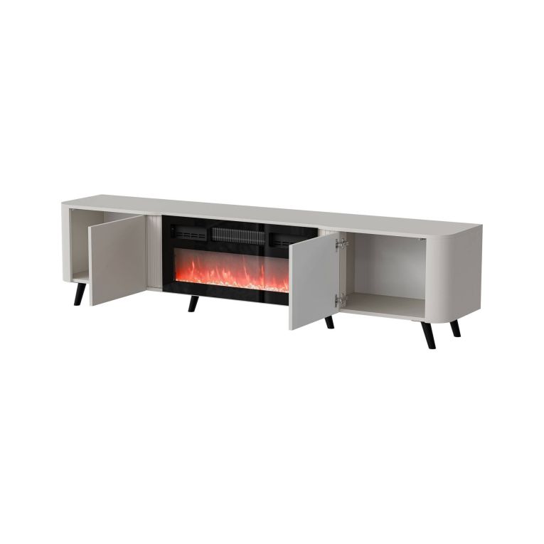 Mobile porta TV Tomar, Madia da salotto con due ante battenti e camino elettrico, Rialzato da terra, 191x40 h58 cm, Beige