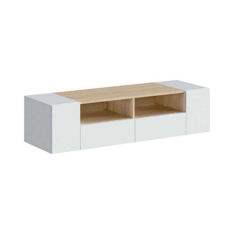 Mobile porta TV Topeka, Credenza per televisione da soggiorno, Supporto per TV moderno, Credenza bassa multiuso, 138x42h36 cm, Bianco e Rovere