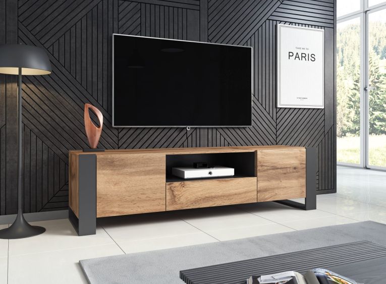 Mobile porta TV Trancoso, Madia da salotto con tre ante battenti e tre vani interni, Rialzato da terra, 151x42 h60 cm, Beige