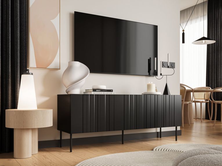 Mobile porta TV Trancoso, Madia da salotto con tre ante battenti e tre vani interni, Rialzato da terra, 151x42 h60 cm, Nero