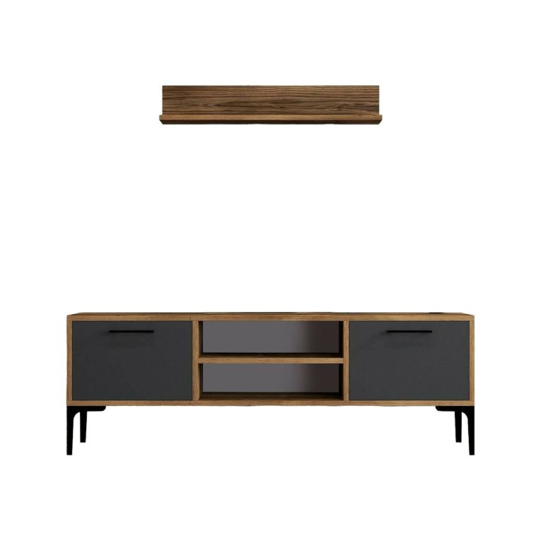Mobile porta TV Tureis, Supporto per televisione da salotto, Credenza bassa da soggiorno, Base porta TV, 140x30h48 cm, Noce e Antracite