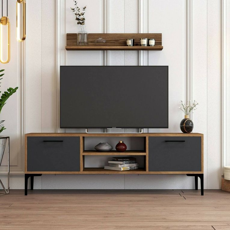 Mobile porta TV Tureis, Supporto per televisione da salotto, Credenza bassa da soggiorno, Base porta TV, 140x30h48 cm, Noce e Antracite