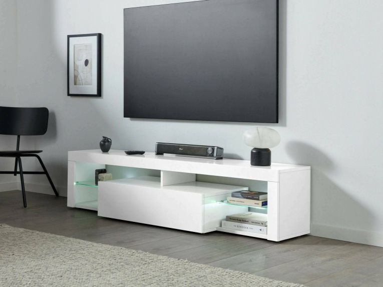 Mobile porta TV Ugo, Credenza bassa da soggiorno a 1 anta, Base porta TV, 160x40h35 cm, Bianco lucido