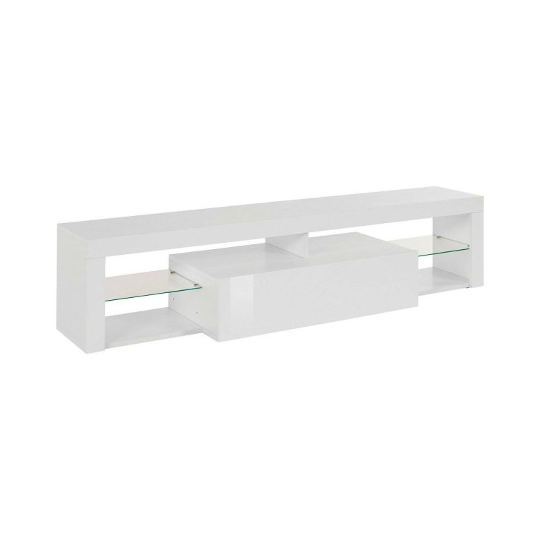 Mobile porta TV Ugo, Credenza bassa da soggiorno a 1 anta, Base porta TV, 160x40h35 cm, Bianco lucido