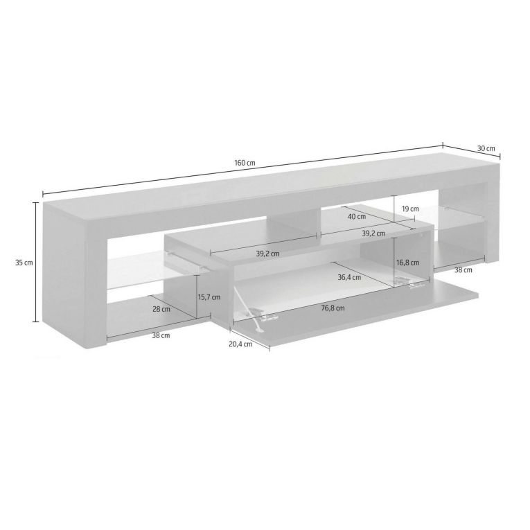 Mobile porta TV Ugo, Credenza bassa da soggiorno a 1 anta, Base porta TV, 160x40h35 cm, Bianco lucido