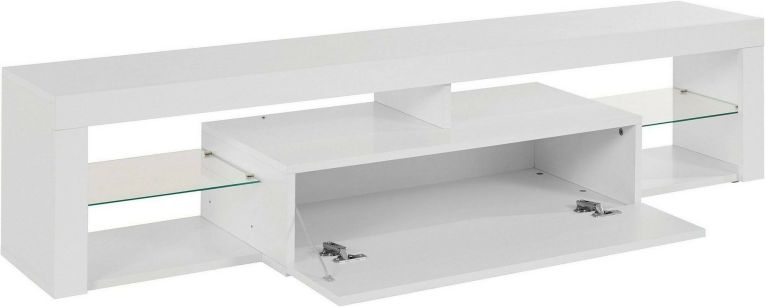 Mobile porta TV Ugo, Credenza bassa da soggiorno a 1 anta, Base porta TV, 160x40h35 cm, Bianco lucido