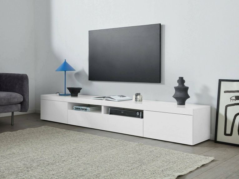 Mobile porta TV Ulisse, Credenza bassa da soggiorno a 3 ante, Base porta TV, 240x40h35 cm, Bianco lucido