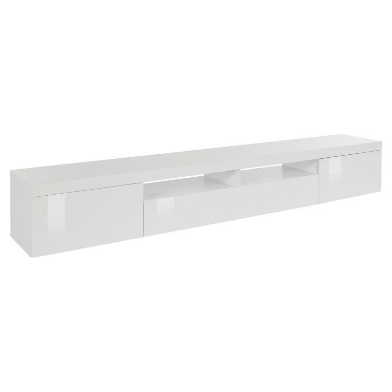 Mobile porta TV Ulisse, Credenza bassa da soggiorno a 3 ante, Base porta TV, 240x40h35 cm, Bianco lucido