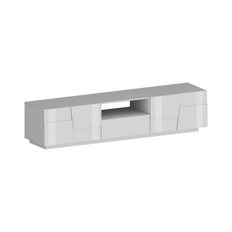 Mobile porta TV Vanni, Credenza bassa da soggiorno con 4 ante e 1 cassetto, Base porta TV, 220x44h46 cm, Bianco lucido