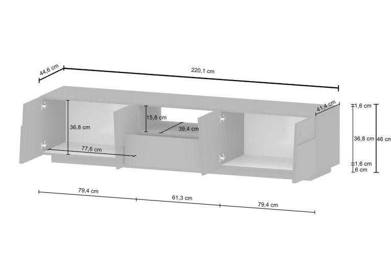 Mobile porta TV Vanni, Credenza bassa da soggiorno con 4 ante e 1 cassetto, Base porta TV, 220x44h46 cm, Bianco lucido