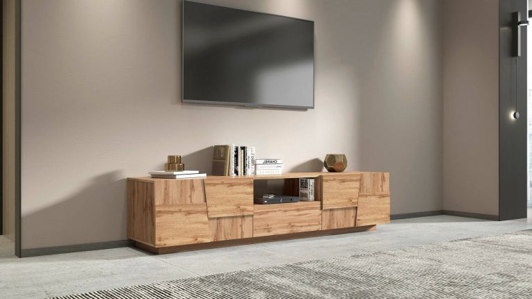 Mobile porta TV Vanni, Credenza bassa da soggiorno con 4 ante e 1 cassetto, Base porta TV, 220x44h46 cm, Rovere