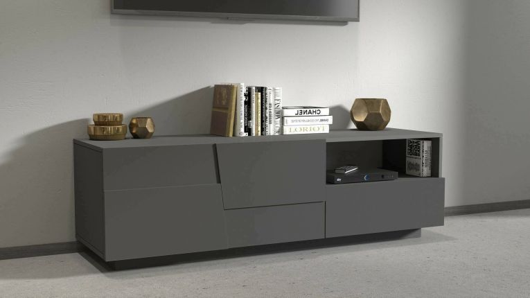 Mobile porta TV Velio, Credenza bassa da soggiorno con 2 ante e 1 cassetto, Base porta TV, 150x44h46 cm, Antracite