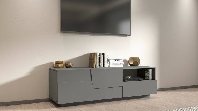 Mobile porta TV Velio, Credenza bassa da soggiorno con 2 ante e 1 cassetto, Base porta TV, 150x44h46 cm, Antracite
