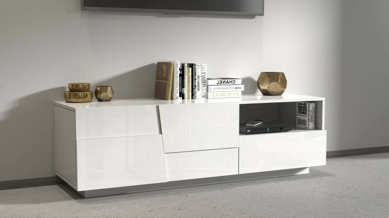 Mobile porta TV Velio, Credenza bassa da soggiorno con 2 ante e 1 cassetto, Base porta TV, 150x44h46 cm, Bianco lucido