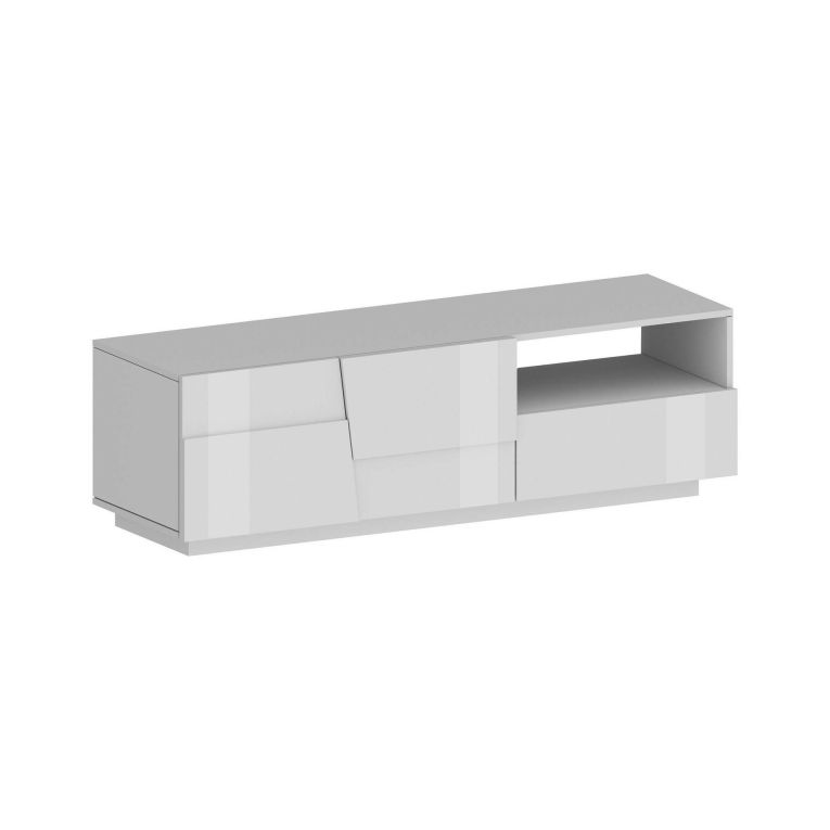 Mobile porta TV Velio, Credenza bassa da soggiorno con 2 ante e 1 cassetto, Base porta TV, 150x44h46 cm, Bianco lucido