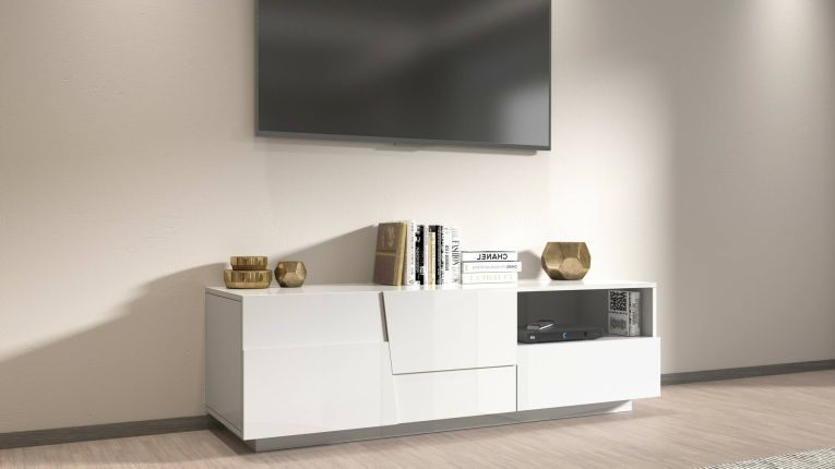 Mobile porta TV Velio, Credenza bassa da soggiorno con 2 ante e 1 cassetto, Base porta TV, 150x44h46 cm, Bianco lucido