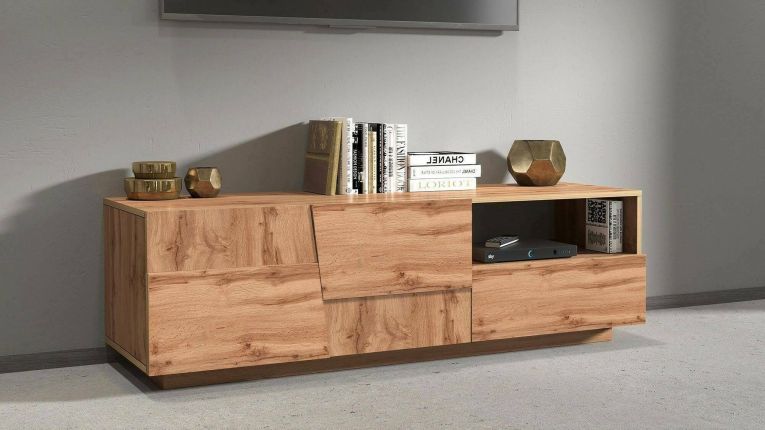 Mobile porta TV Velio, Credenza bassa da soggiorno con 2 ante e 1 cassetto, Base porta TV, 150x44h46 cm, Rovere