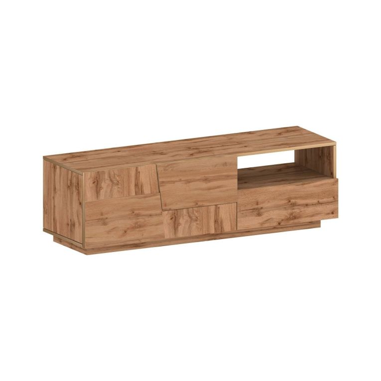Mobile porta TV Velio, Credenza bassa da soggiorno con 2 ante e 1 cassetto, Base porta TV, 150x44h46 cm, Rovere