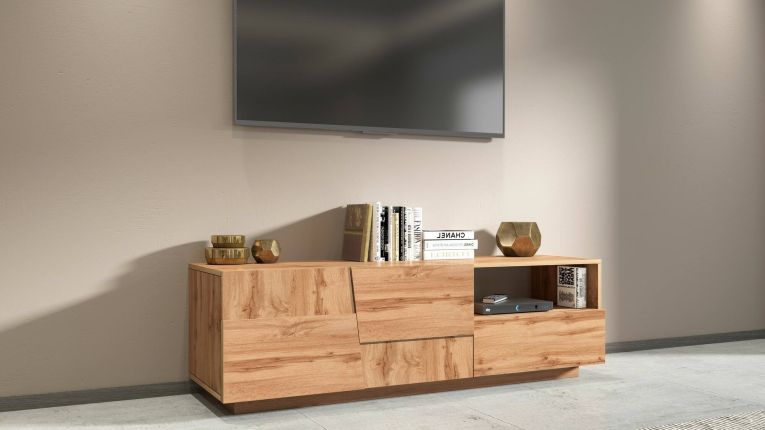 Mobile porta TV Velio, Credenza bassa da soggiorno con 2 ante e 1 cassetto, Base porta TV, 150x44h46 cm, Rovere